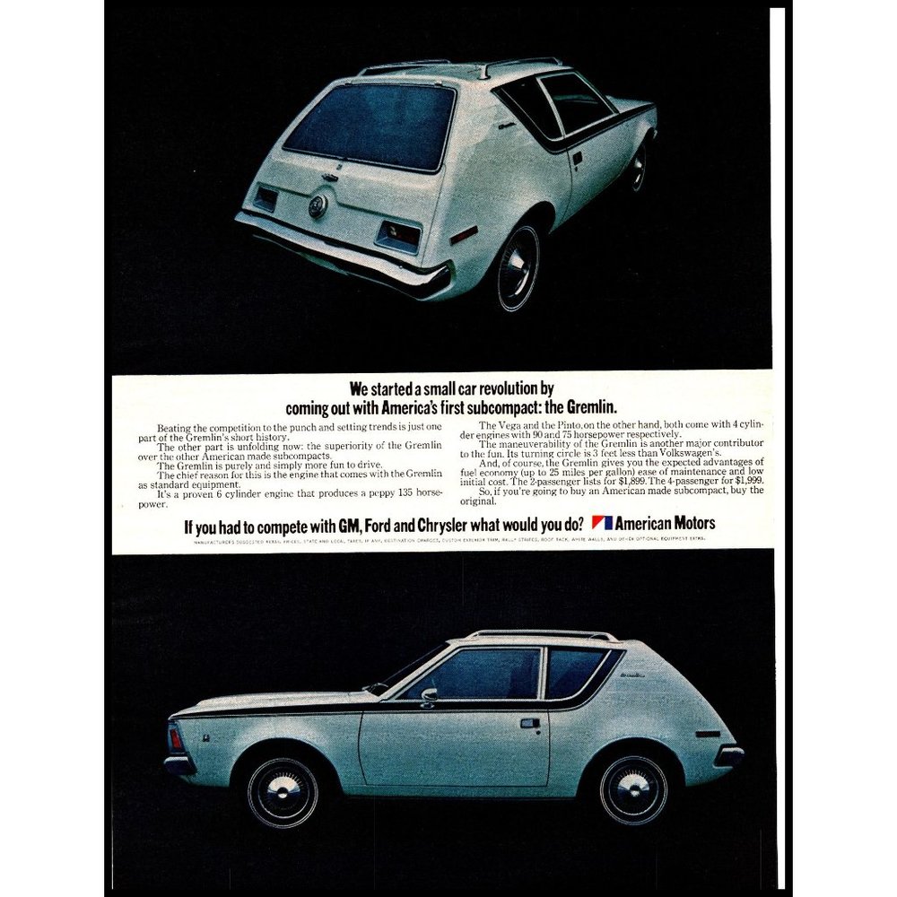 1971 AMC Gremlin Hatchback Subcompact Vintage Print Ad American Motors Wall Art